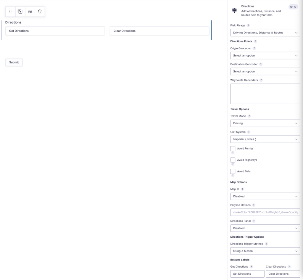 Directions field options