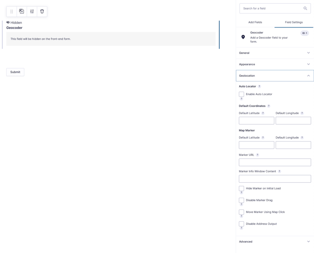 Gravity Forms Geocoder field options