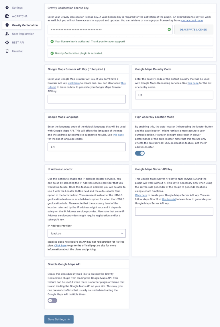 Gravity Forms geolocation Settings page