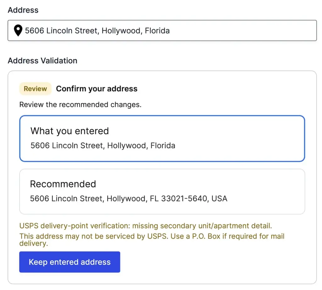 Address validation review showing the entered and recommended address in Gravity Forms
