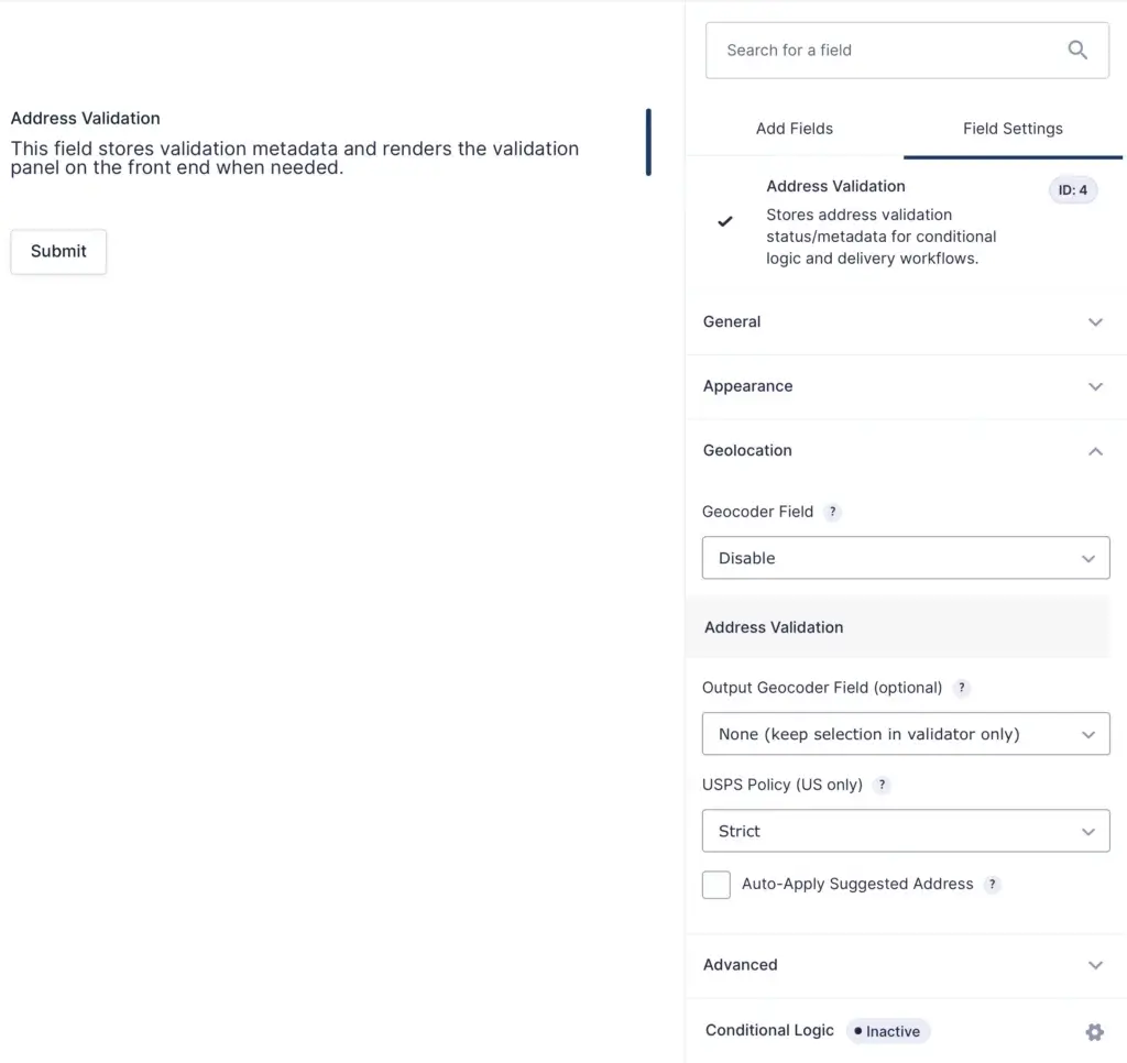 Gravity Forms Address Validation Field settings