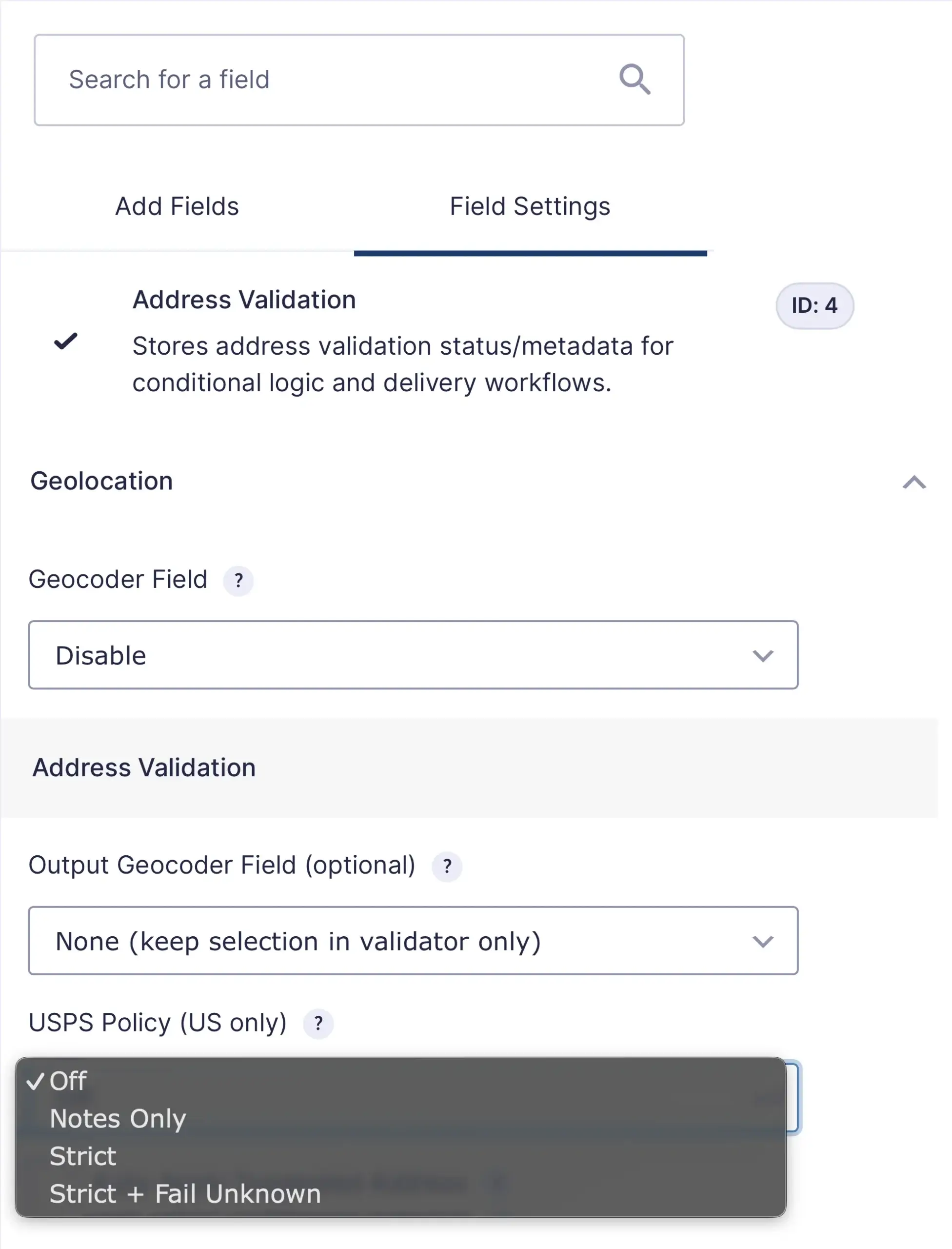 Gravity Geolocation Address Validation USPS Settings