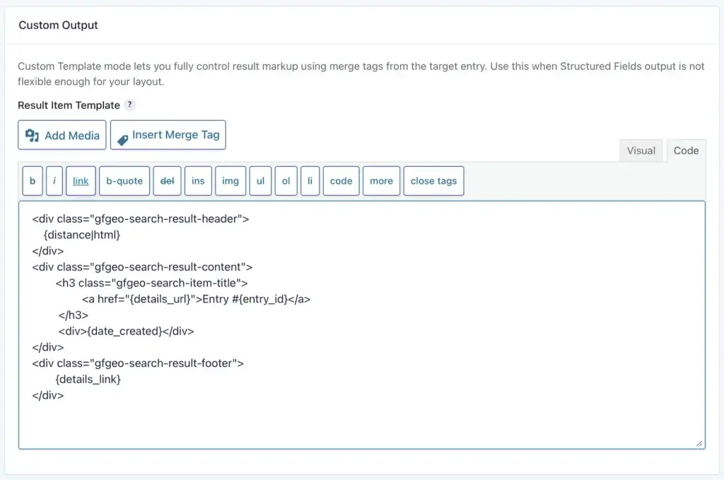 Gravity Search Custom Output Settings
