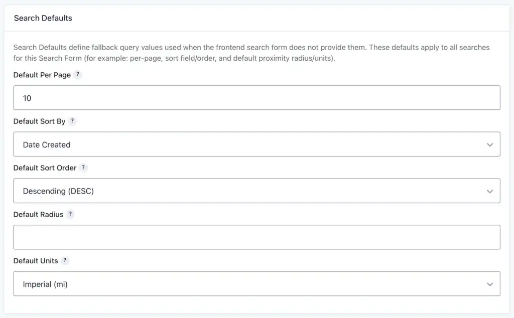 Gravity Search Defaults Settings
