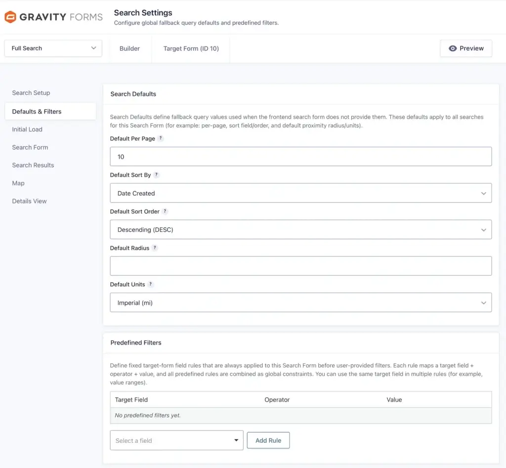 Gravity Search Default Settings Page