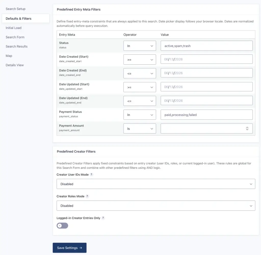 Gravity Search Default Settings Page