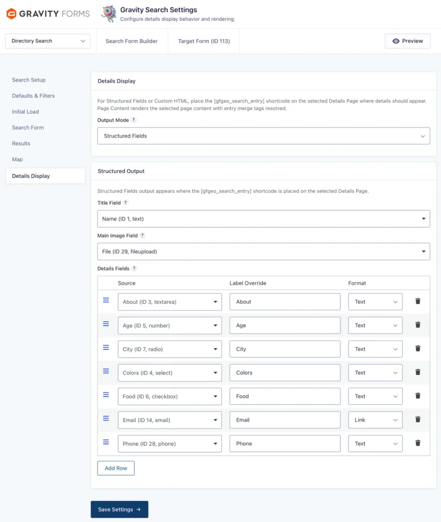 Details Display tab in Gravity Search Settings