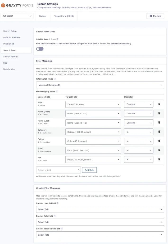 Gravity Search settings inside the Gravity Forms builder