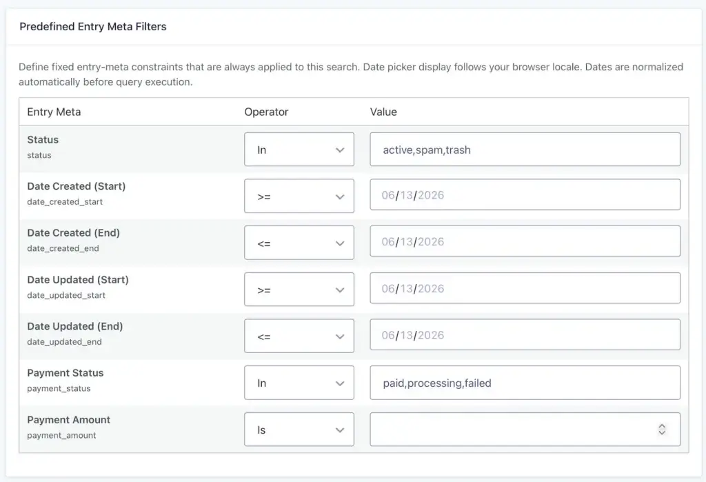 Gravity Search Predefined Entry Meta Settings