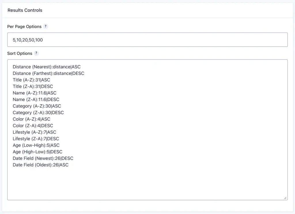 Gravity Search Results Controls Settings