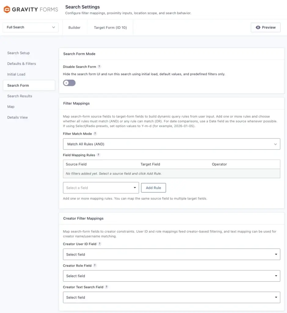 Gravity Search Search Form Settings Page