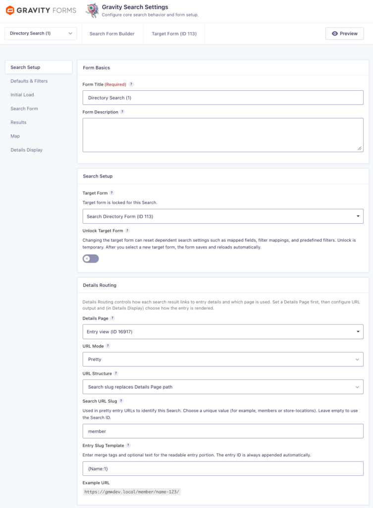 Search Setup tab in Gravity Search, upper section