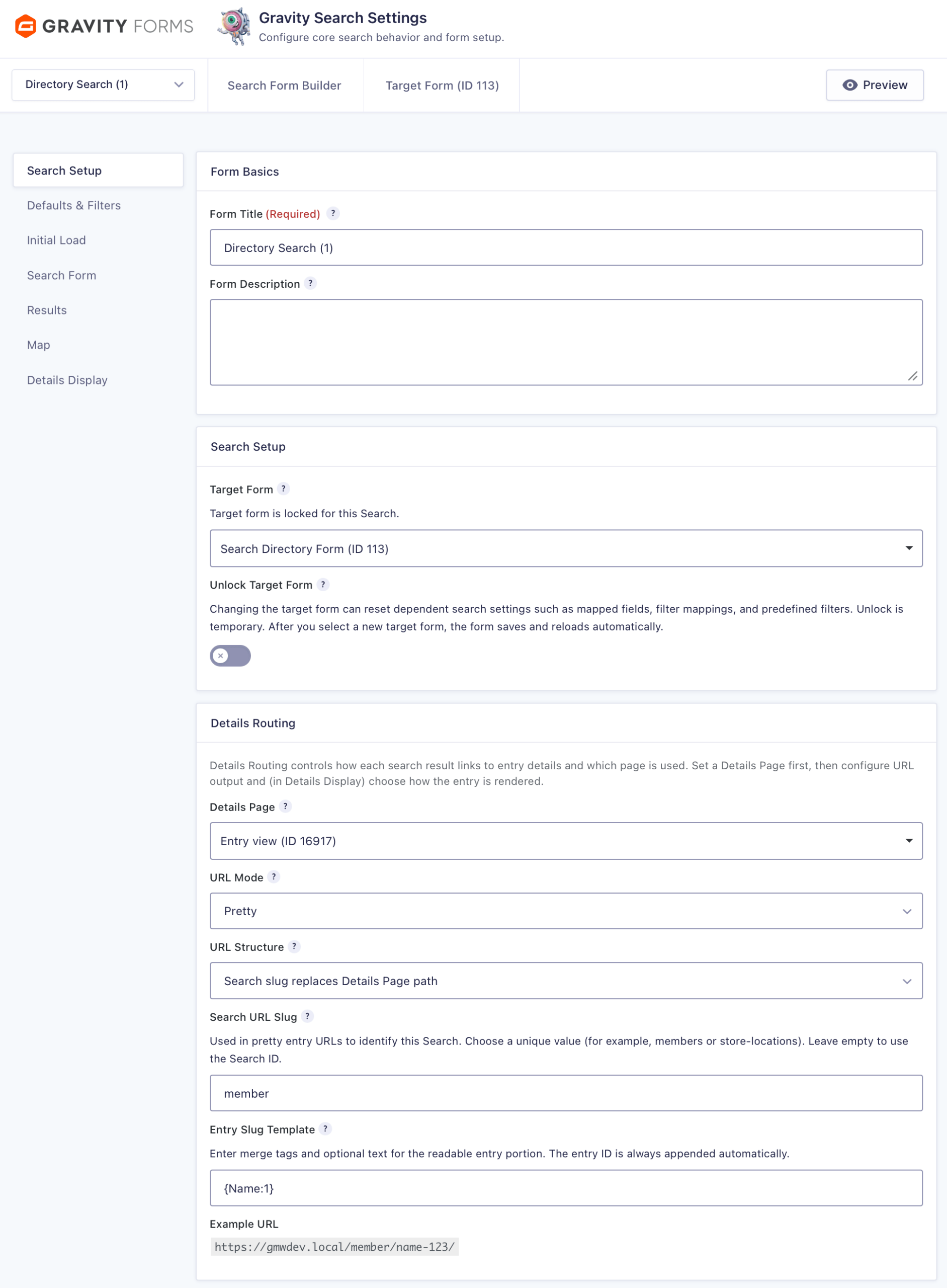 Search Setup tab in Gravity Search Settings