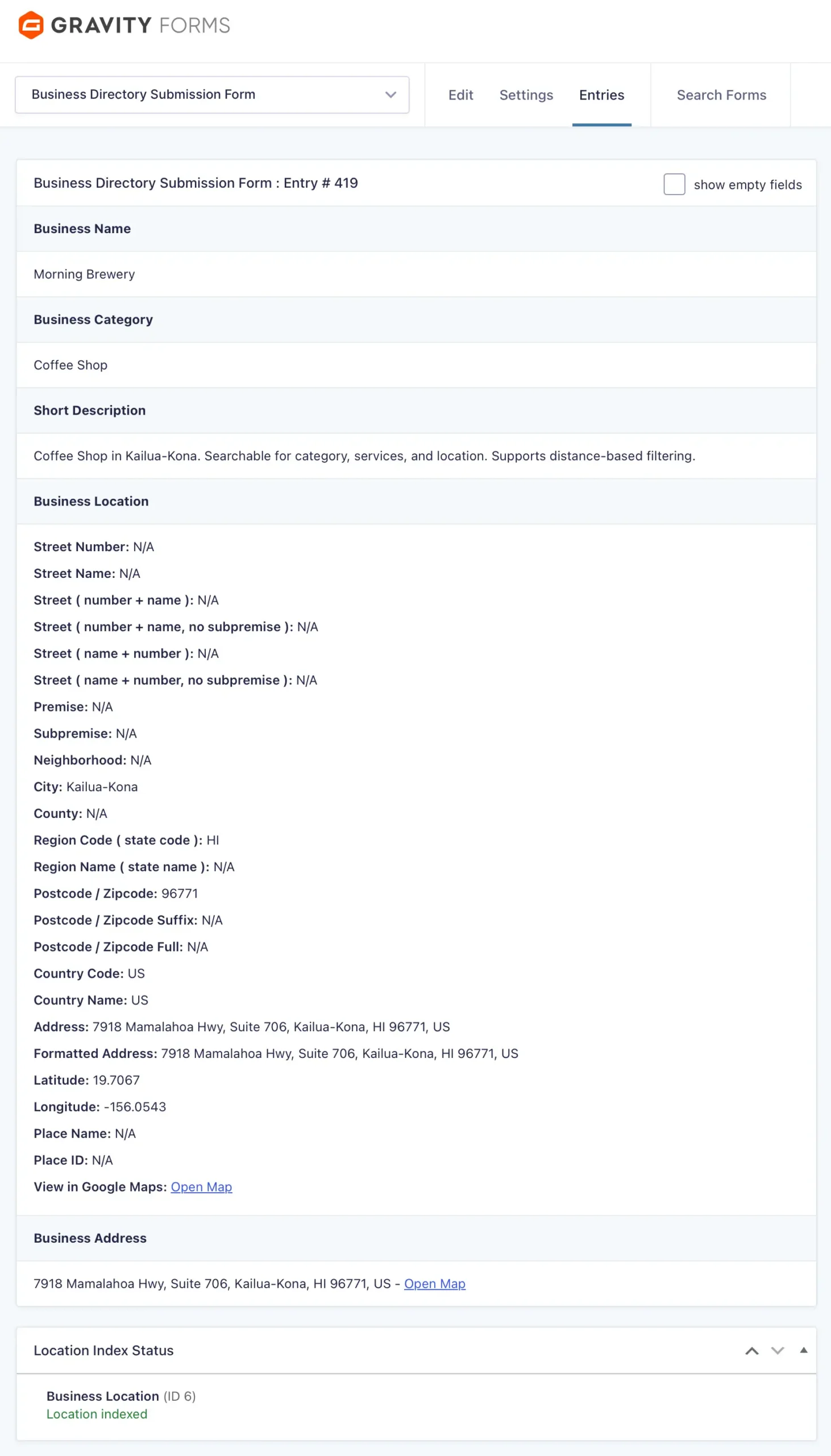 Gravity Search Store Locator Entry Dashboard