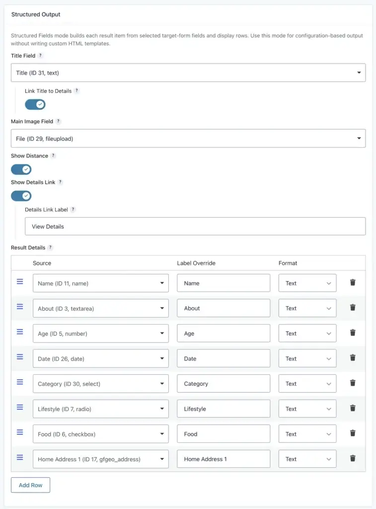 Gravity Search Structured Output Settings