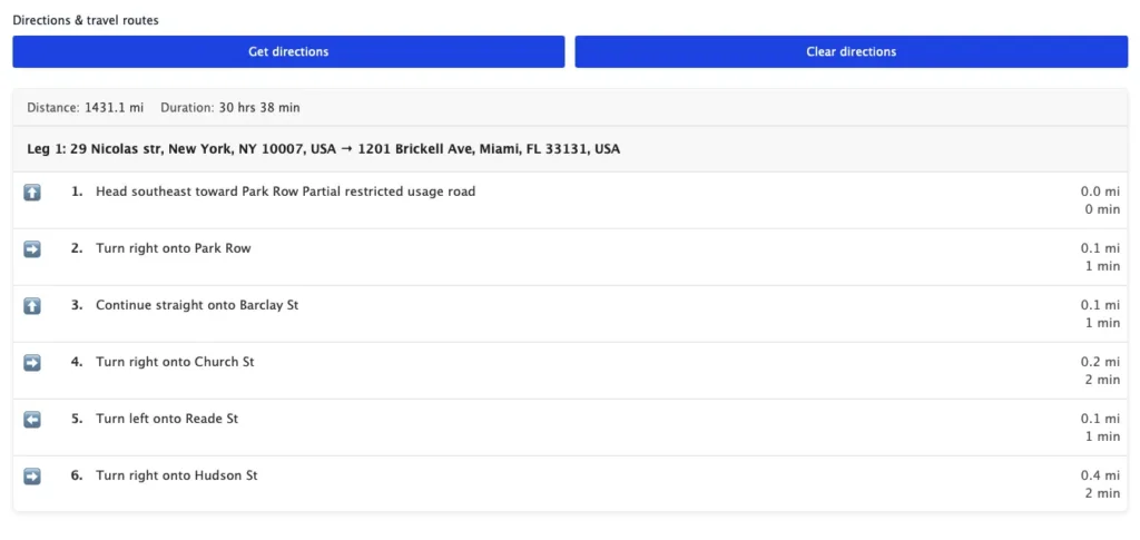 Distance, duration, and turn-by-turn directions displayed inline inside the Gravity Geolocation Directions field.