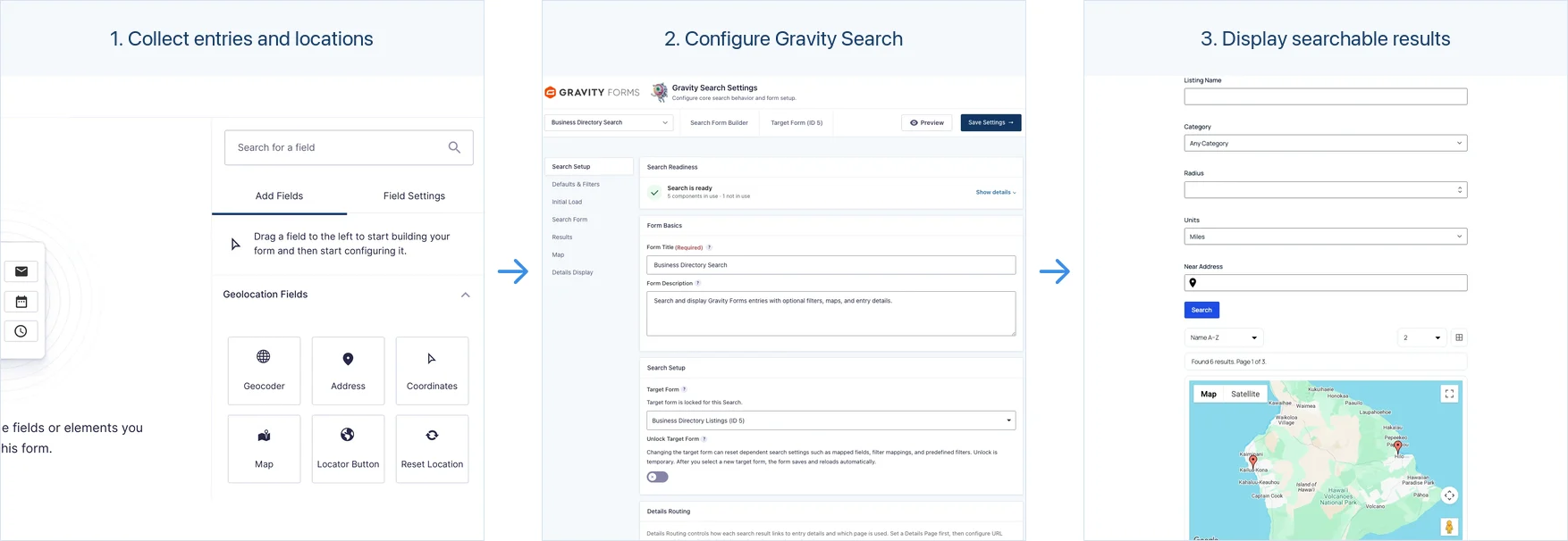 Workflow from collecting Gravity Forms entries to configuring Gravity Search and displaying searchable results