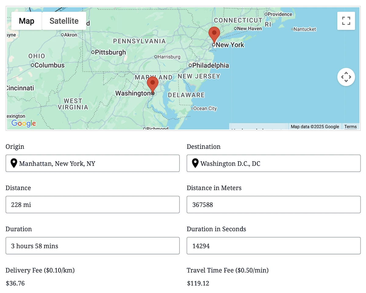 Gravity Forms distance and duration field displaying a route, mileage, travel time, and calculated fees