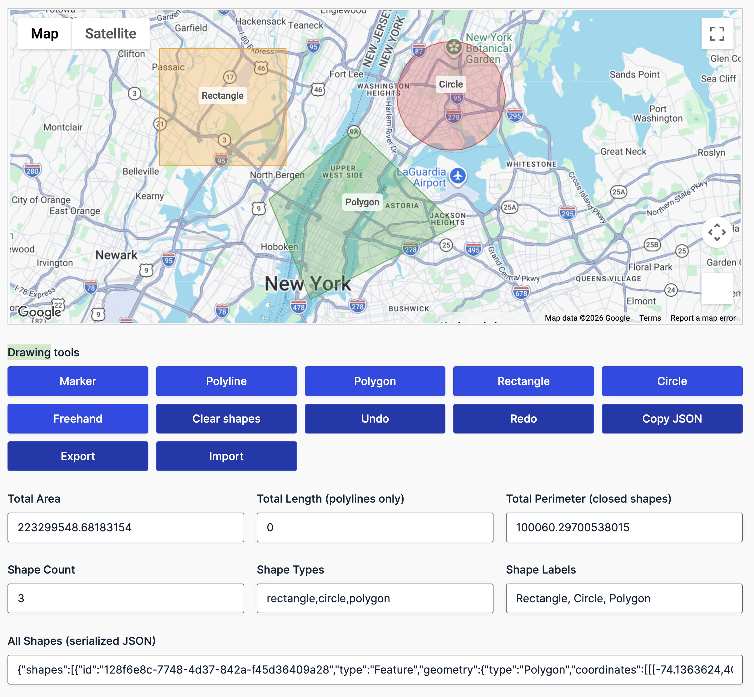 Gravity Forms drawing tools map with editable shapes, drawing controls, measurements, and saved shape data