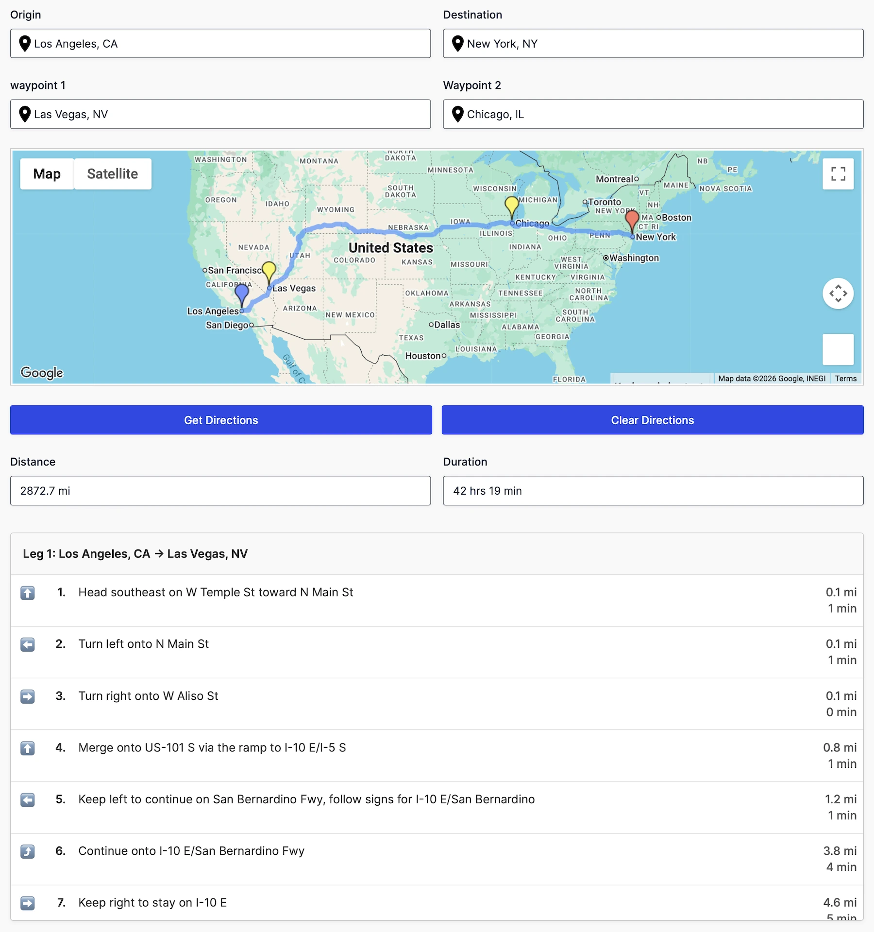 Gravity Forms directions workflow with route points, an interactive map, distance, duration, and turn-by-turn directions