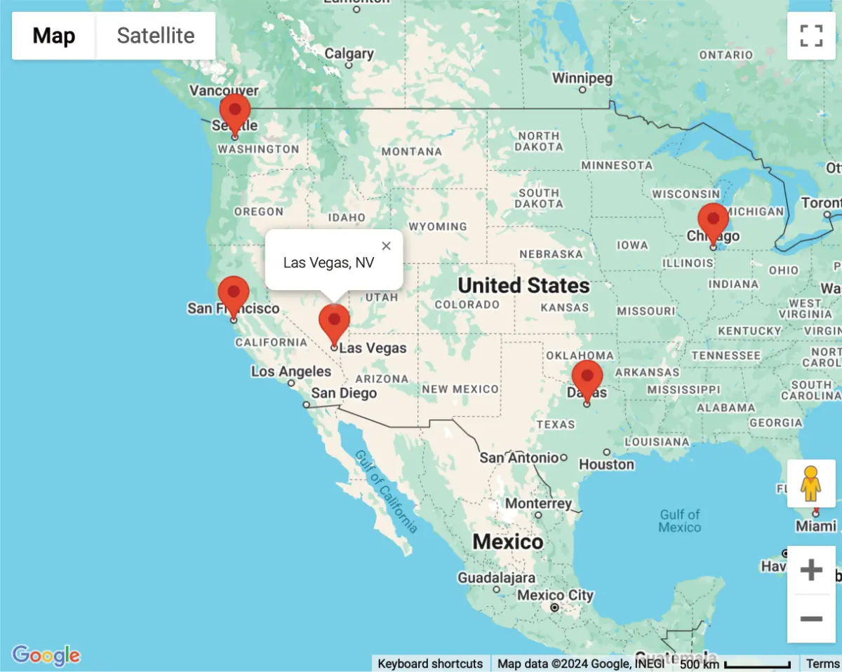 Mashup Map displaying multiple Gravity Forms entry locations across the United States with an open marker information window