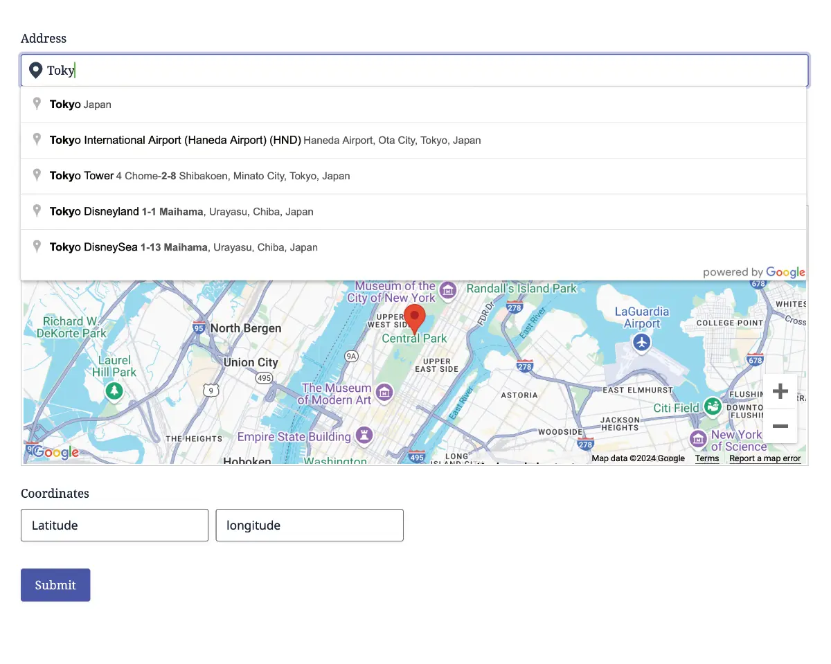Gravity Forms address autocomplete with synchronized map and coordinates fields