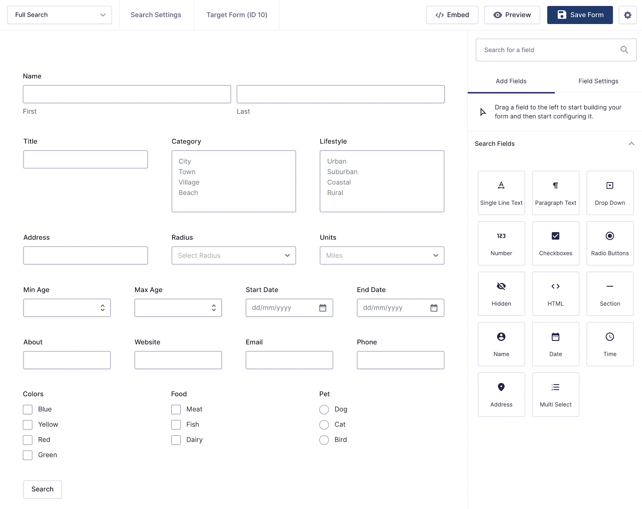 Gravity Search form being created with the Gravity Forms builder