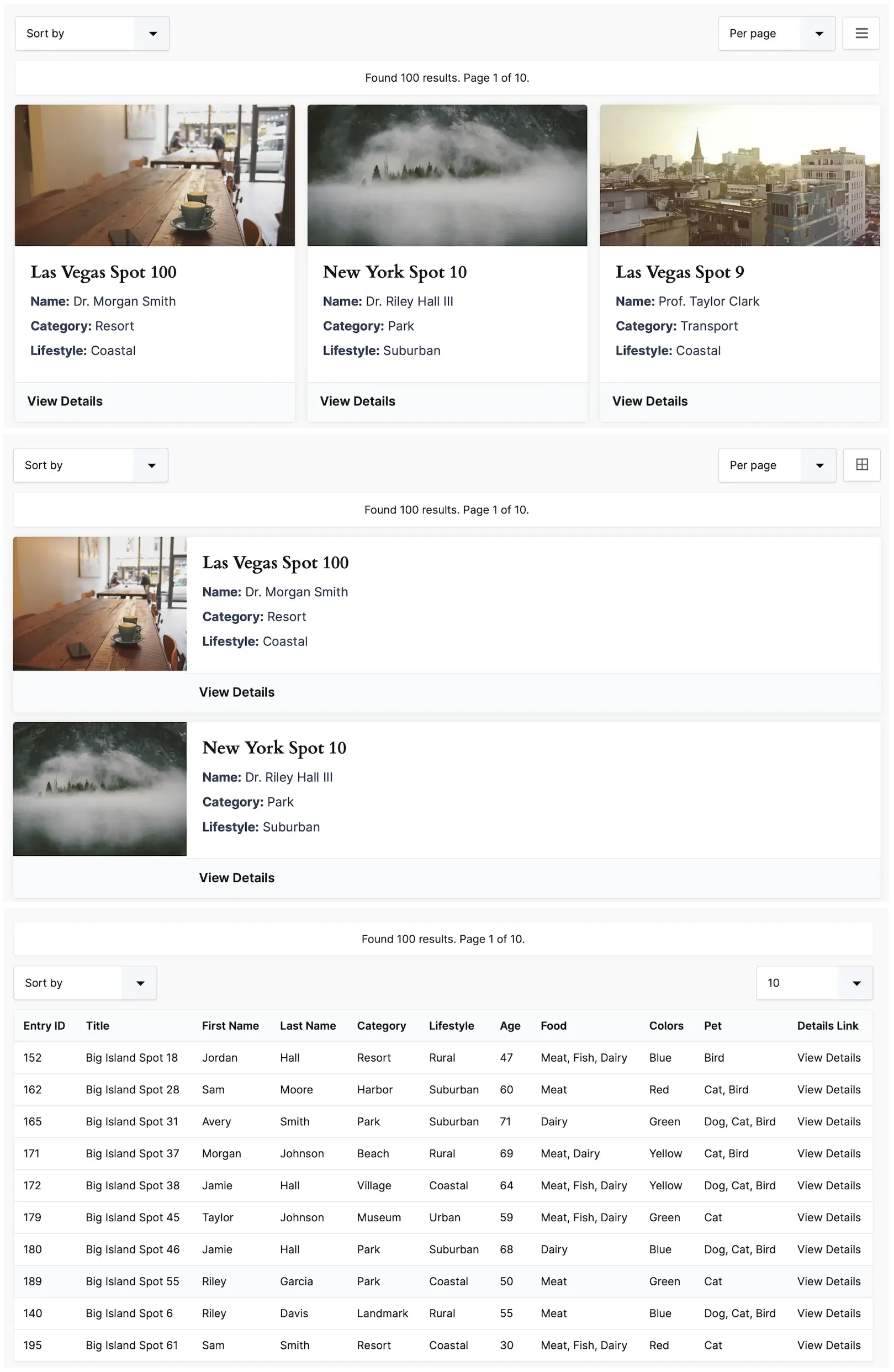 Gravity Search grid, list, and table result layouts
