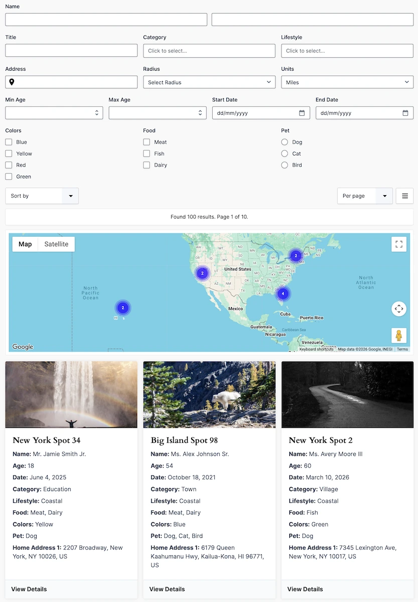 Gravity Search form with filters, interactive map, and card results
