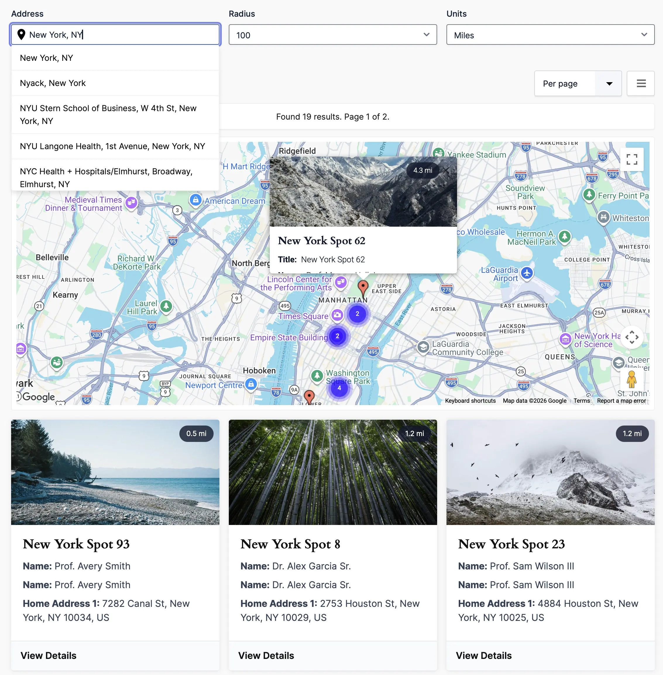 Gravity Search proximity search with address field, interactive map, and nearby results